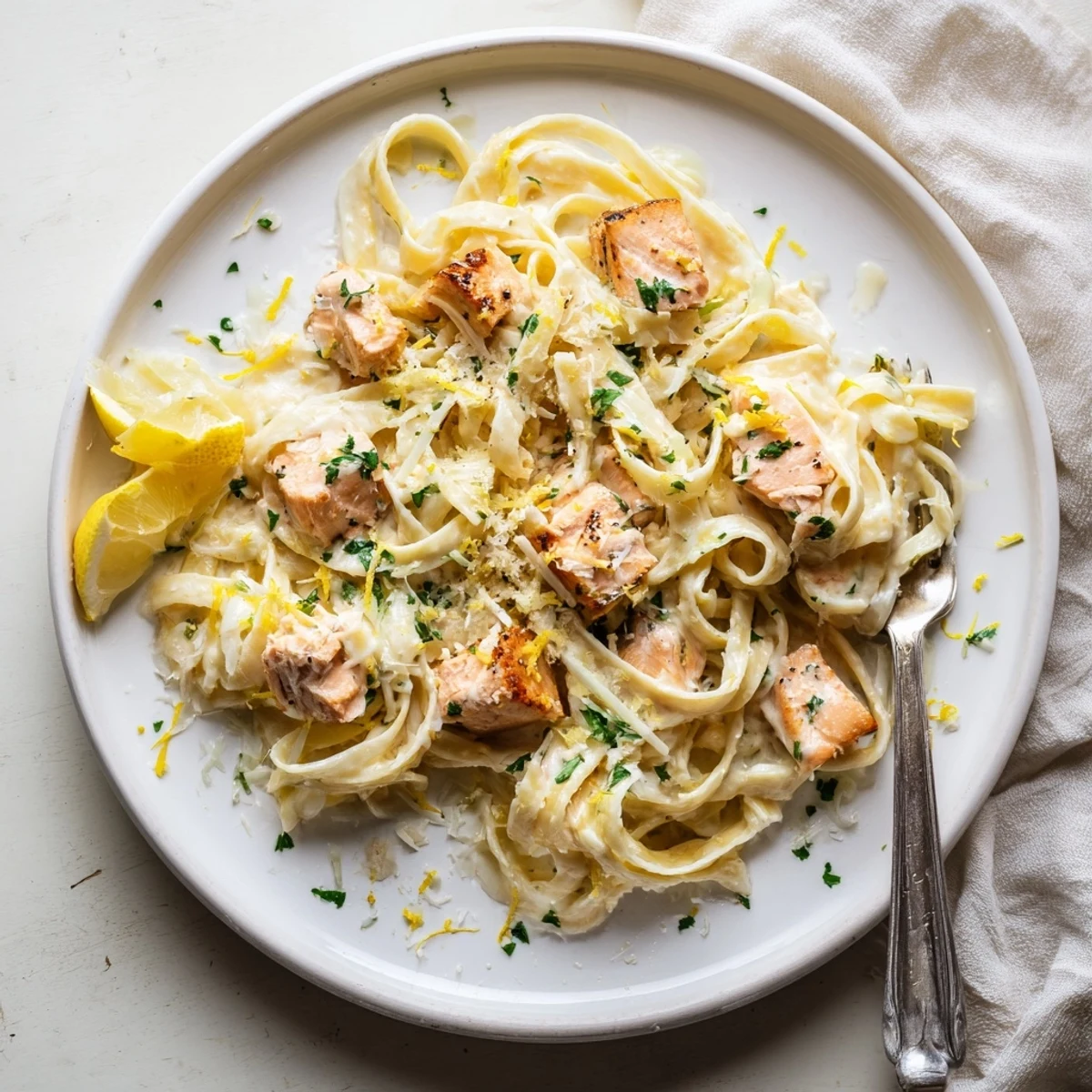 Golden seared salmon chunks resting on creamy garlic butter fettuccine pasta with fresh parsley garnish