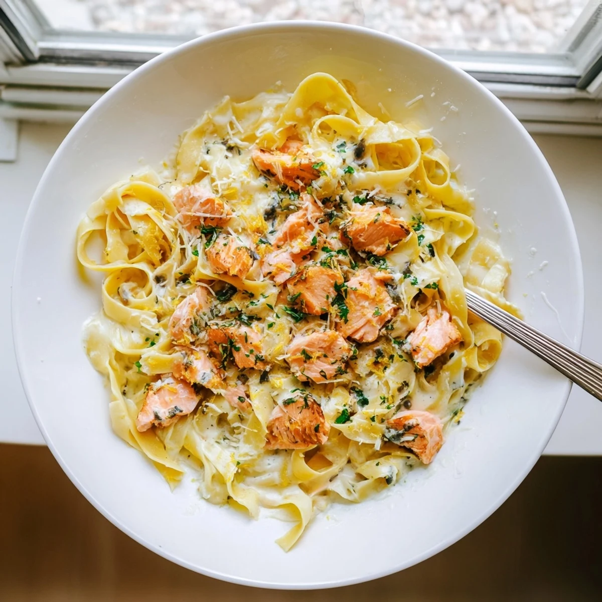 Twisted fettuccine noodles coated in rich Parmesan cream sauce alongside flaky pan-seared salmon fillets