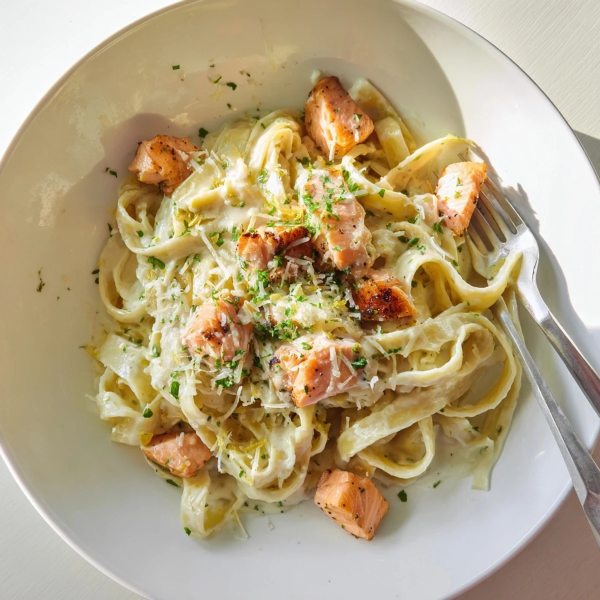 Plate of garlic butter salmon fettuccine pasta topped with lemon zest and chopped parsley