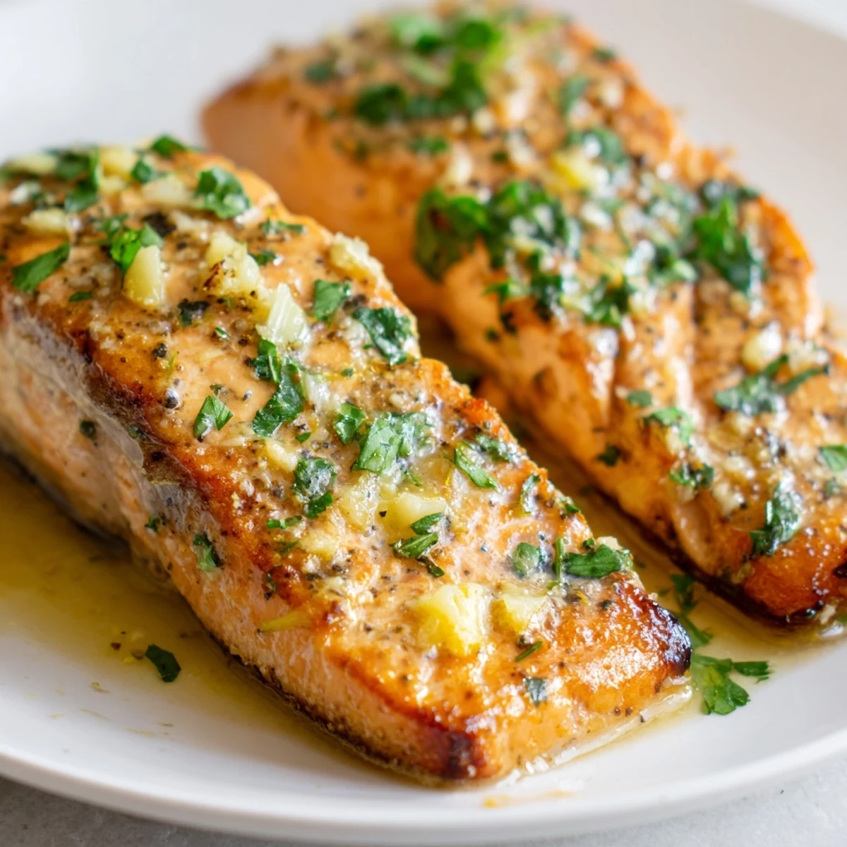 Golden pan seared salmon fillets glistening with melted garlic butter sauce and fresh parsley