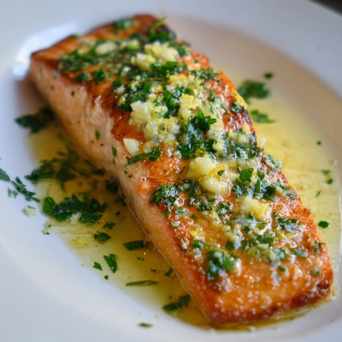Crispy skillet cooked salmon drizzled with rich garlic butter and lemon wedges on white plate