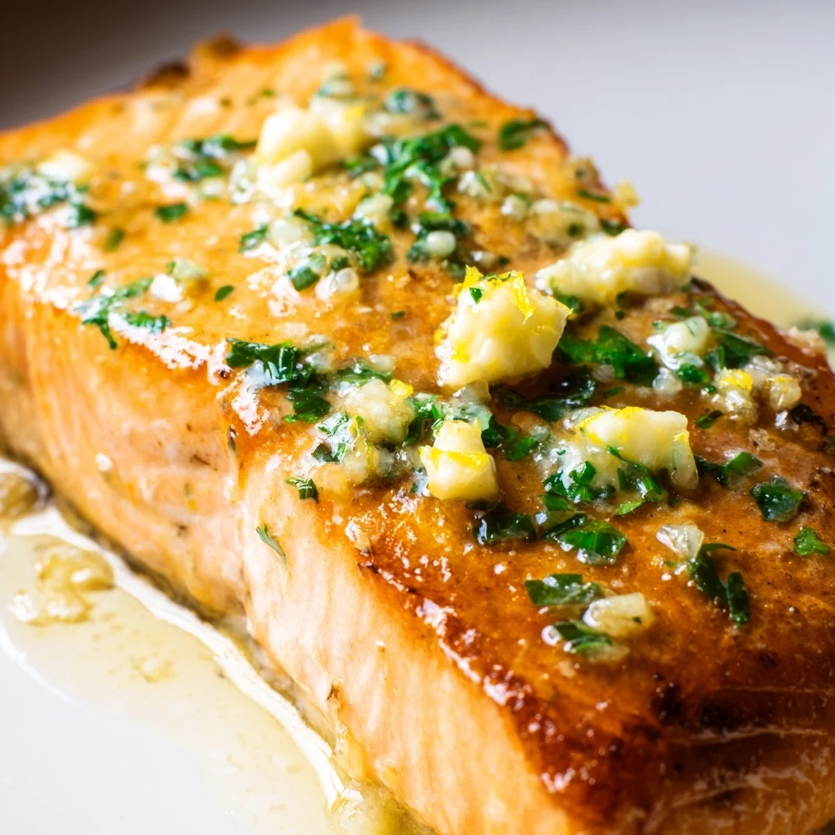 Perfectly pan seared salmon topped with aromatic garlic butter sauce and chopped fresh parsley
