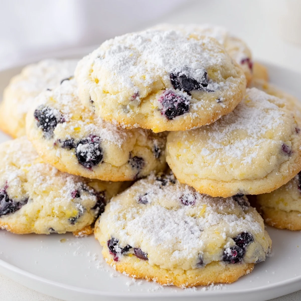 Soft lemon blueberry cookies with powdered sugar dusting and plump juicy berries