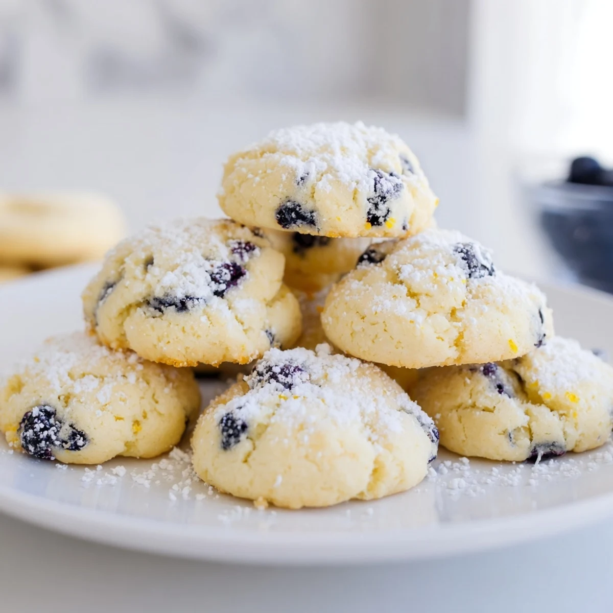 Golden soft lemon blueberry cookies stacked on wire rack with white blueberry flecks