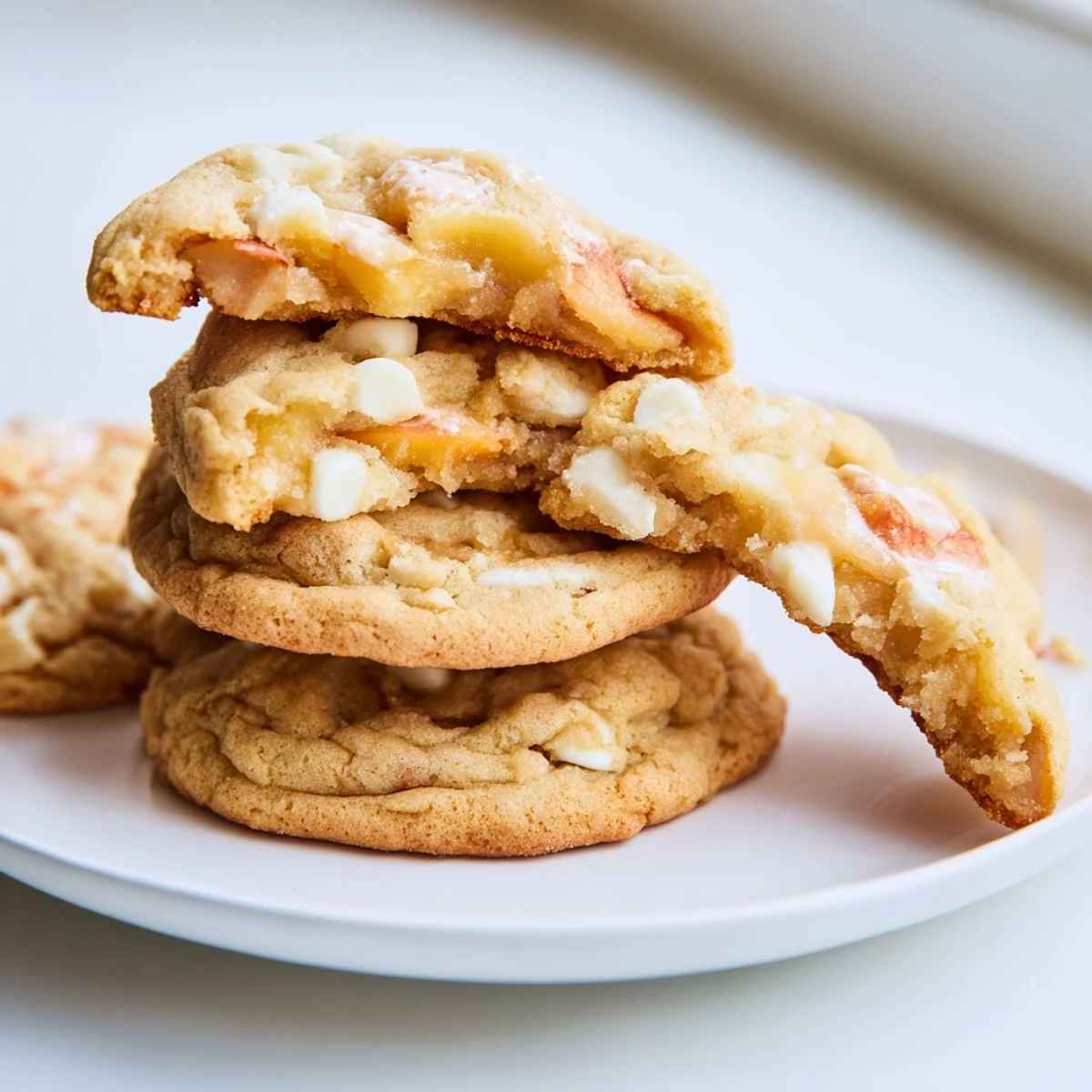 Golden brown Peaches and Cream Cookies studded with juicy peach chunks and melted white chocolate chips