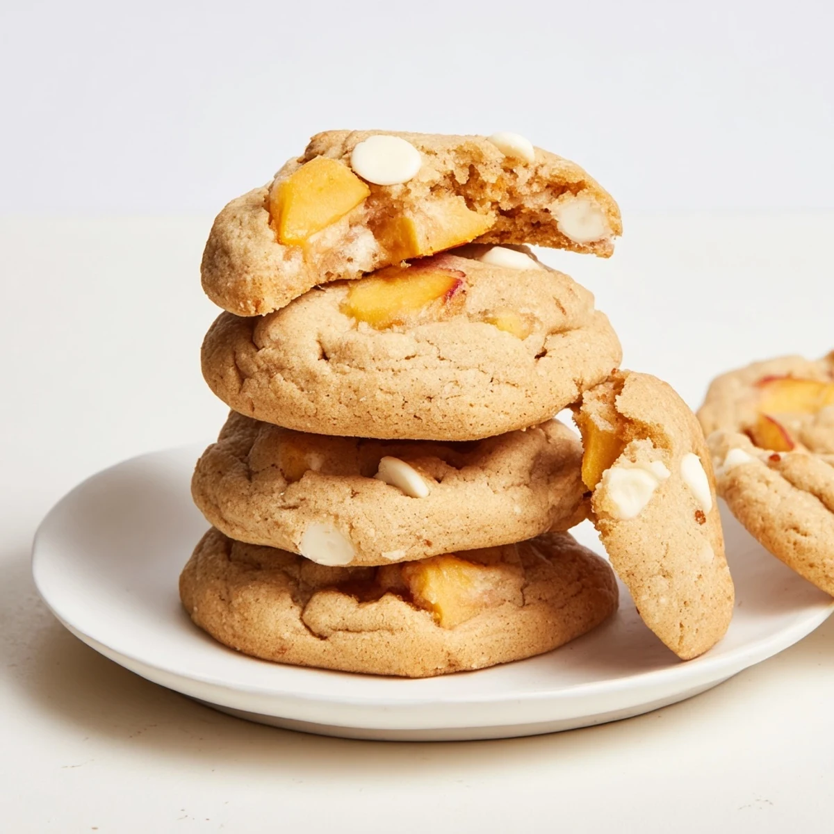 Soft chewy Peaches and Cream Cookies piled high on a wire rack, ready for summer dessert