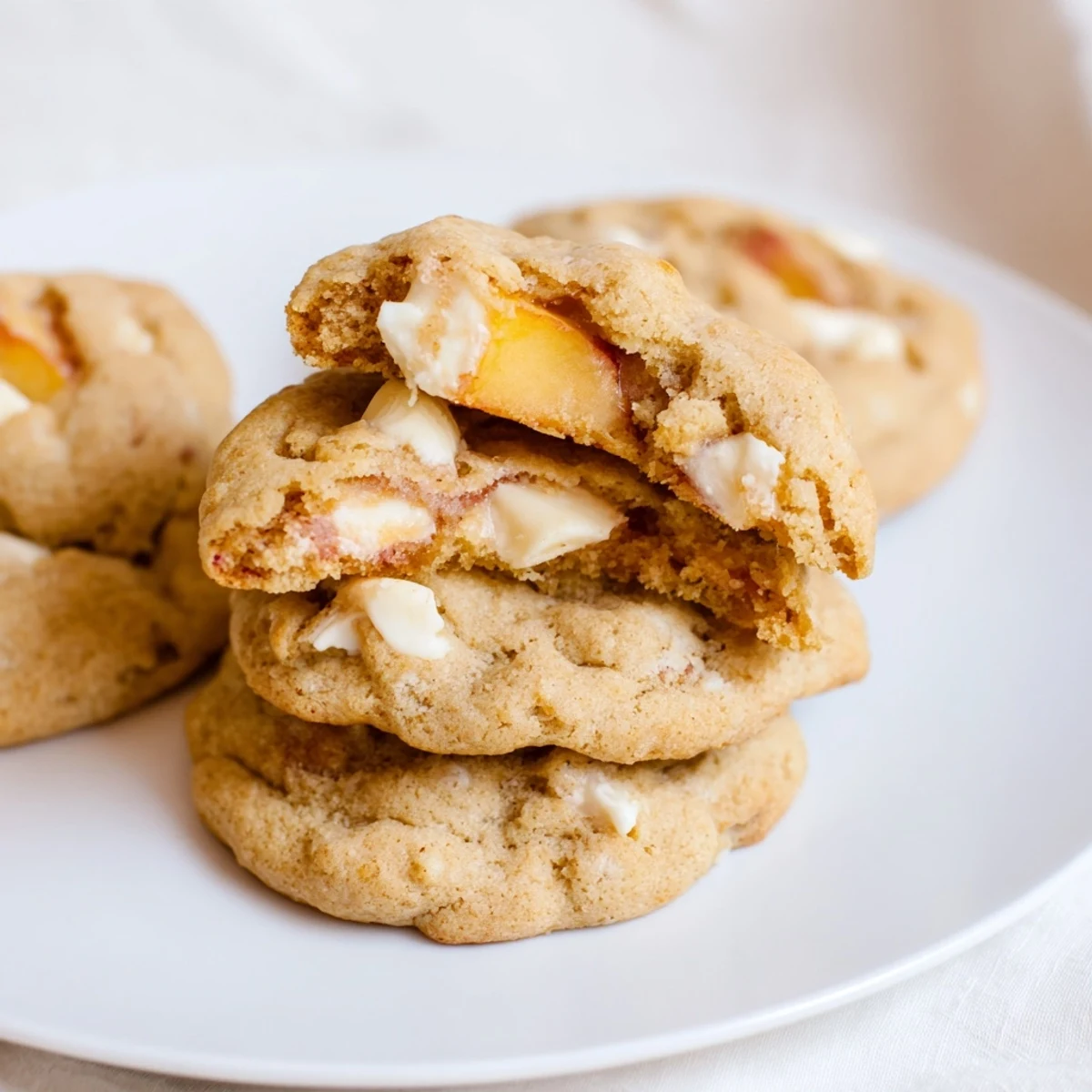 Fresh baked Peaches and Cream Cookies showing peach pieces and creamy white chips on parchment paper