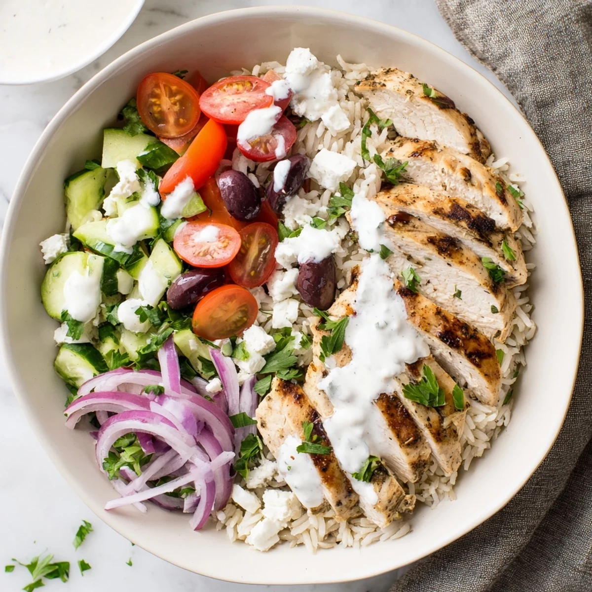 Golden Greek chicken bowls with fluffy rice, colorful veggies, tangy feta and creamy yogurt sauce drizzled over tender sliced chicken breast