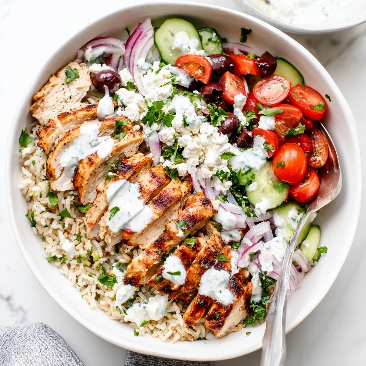 Fresh Mediterranean chicken bowl featuring marinated grilled chicken over white rice topped with cherry tomatoes cucumber olives and crumbled feta cheese