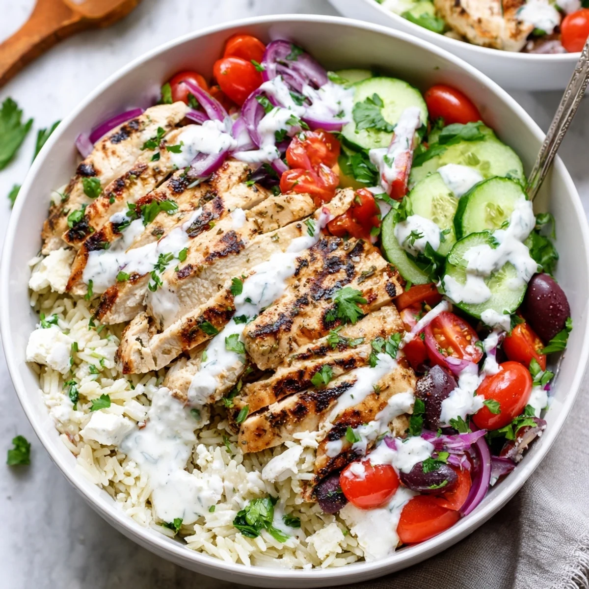 Healthy Greek chicken bowls arranged with juicy chicken pieces aromatic fluffy rice crisp vegetables rich tzatziki sauce and salty feta crumbles