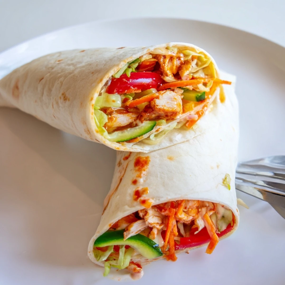 Golden chicken strips wrapped in flour tortillas with crisp vegetables and sweet chili sauce drizzle