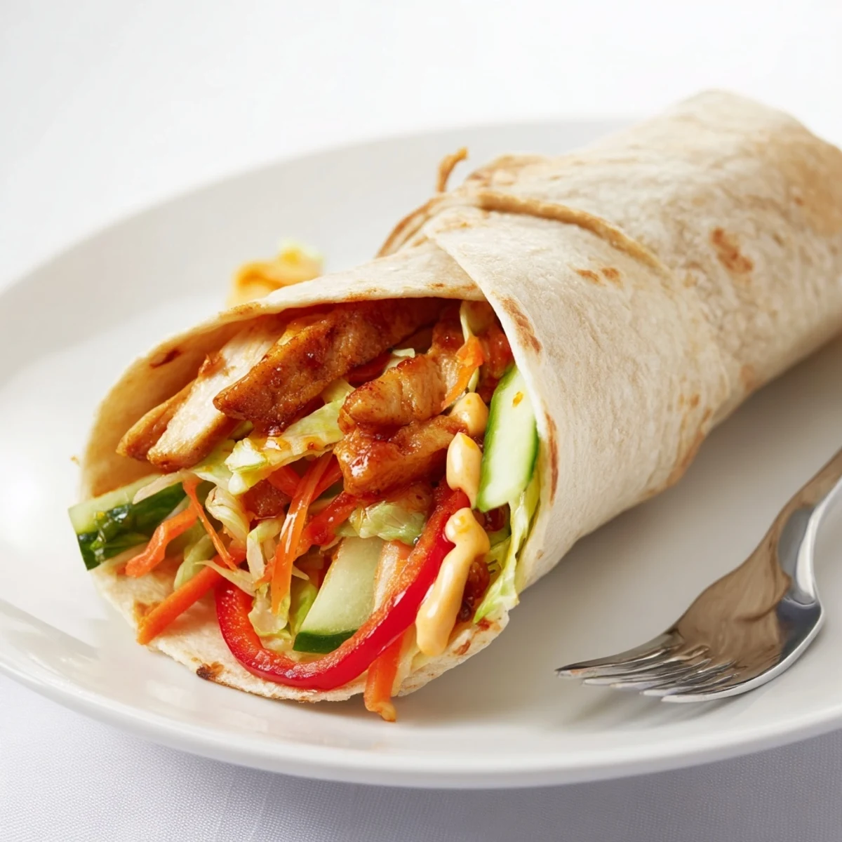 Fresh sweet chili chicken wraps sliced in half revealing colorful lettuce peppers and cucumber layers