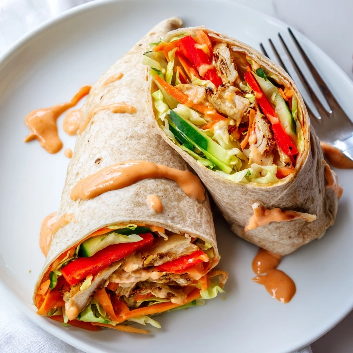 Handheld lunch wrap stuffed with seasoned chicken julienned carrots and tangy sweet chili mayonnaise blend