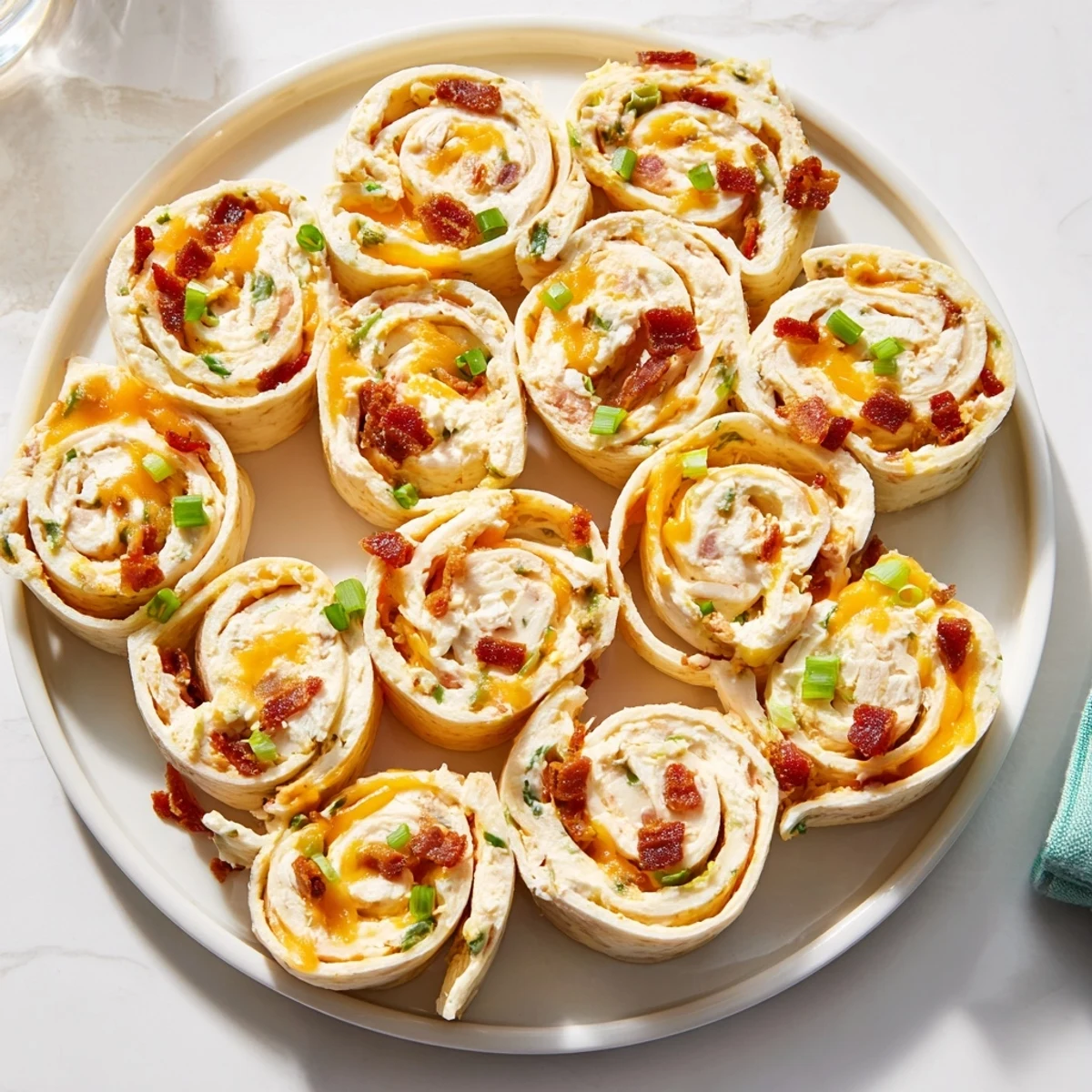 Sliced tortilla pinwheels filled with cheesy chicken mixture topped with green onion bits