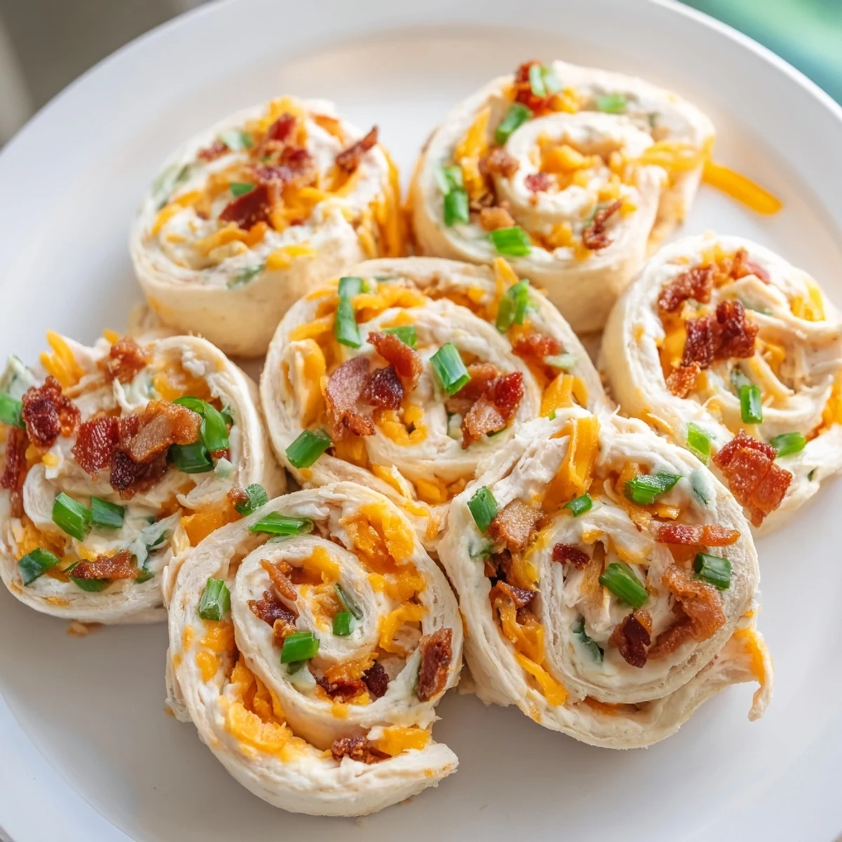 Party-ready crack chicken pinwheels showing spiral filling with bacon and cheddar cheese