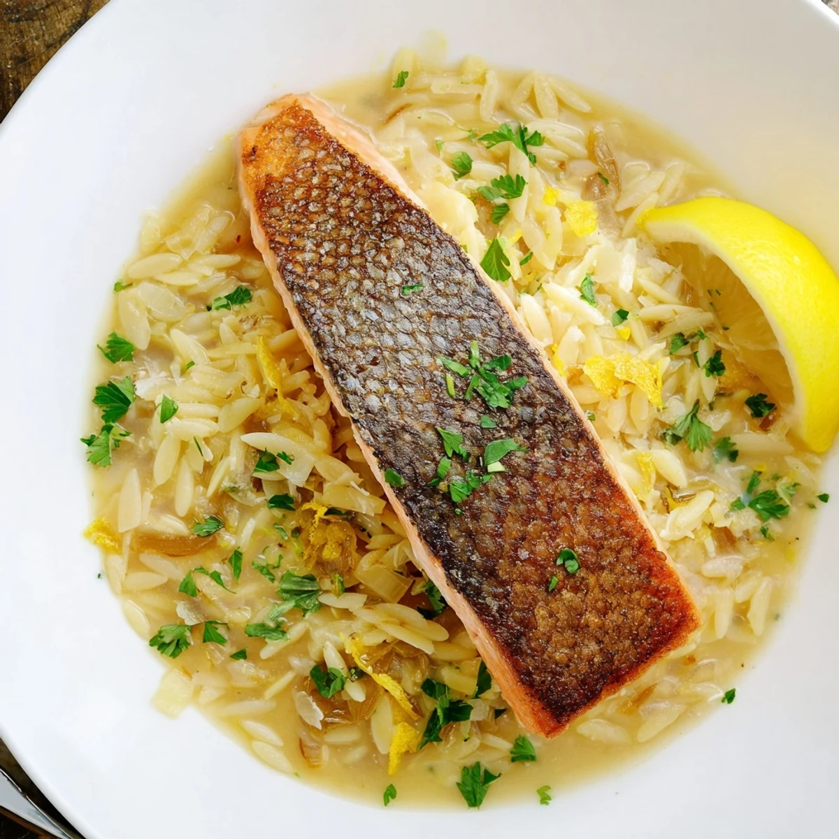 Golden seared salmon fillets resting on creamy lemon orzo with fresh parsley garnish