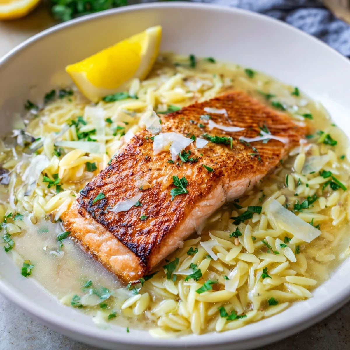 Mediterranean style salmon and orzo cooked in one pan with butter and Parmesan