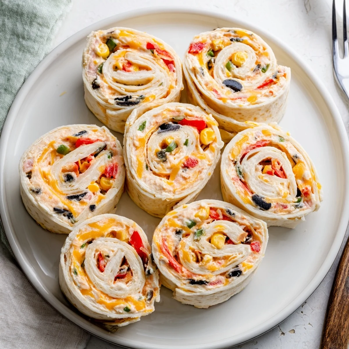 Colorful spiral pinwheels showcasing taco cream cheese filling with diced vegetables and cheddar