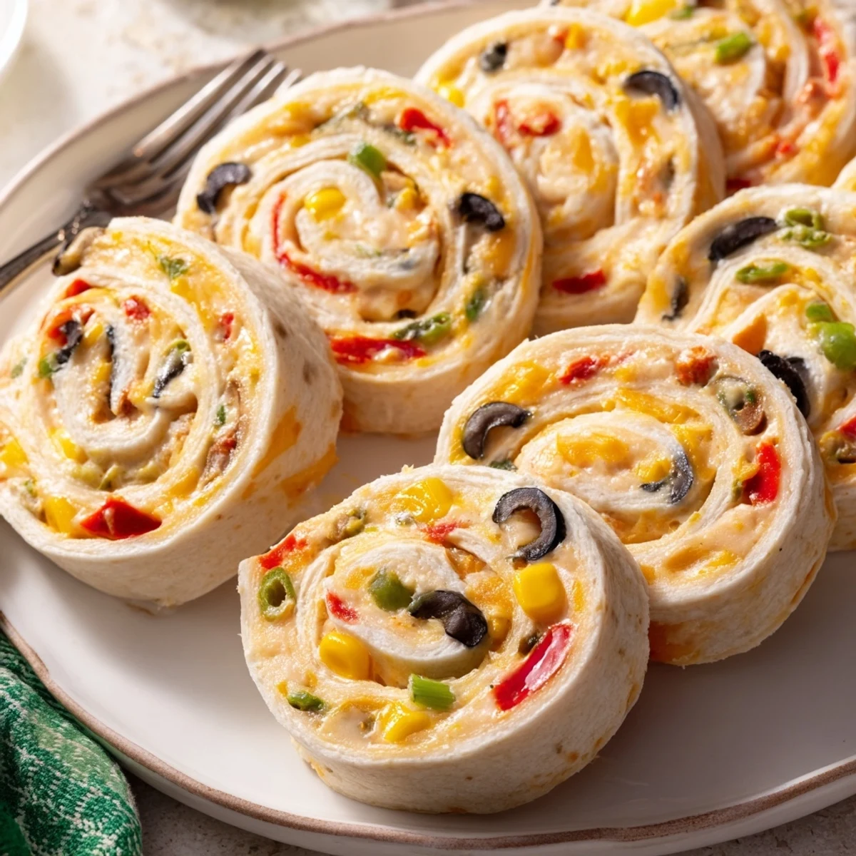 Appetizer platter displaying rolled tortilla pinwheels with vibrant taco-seasoned cream cheese center