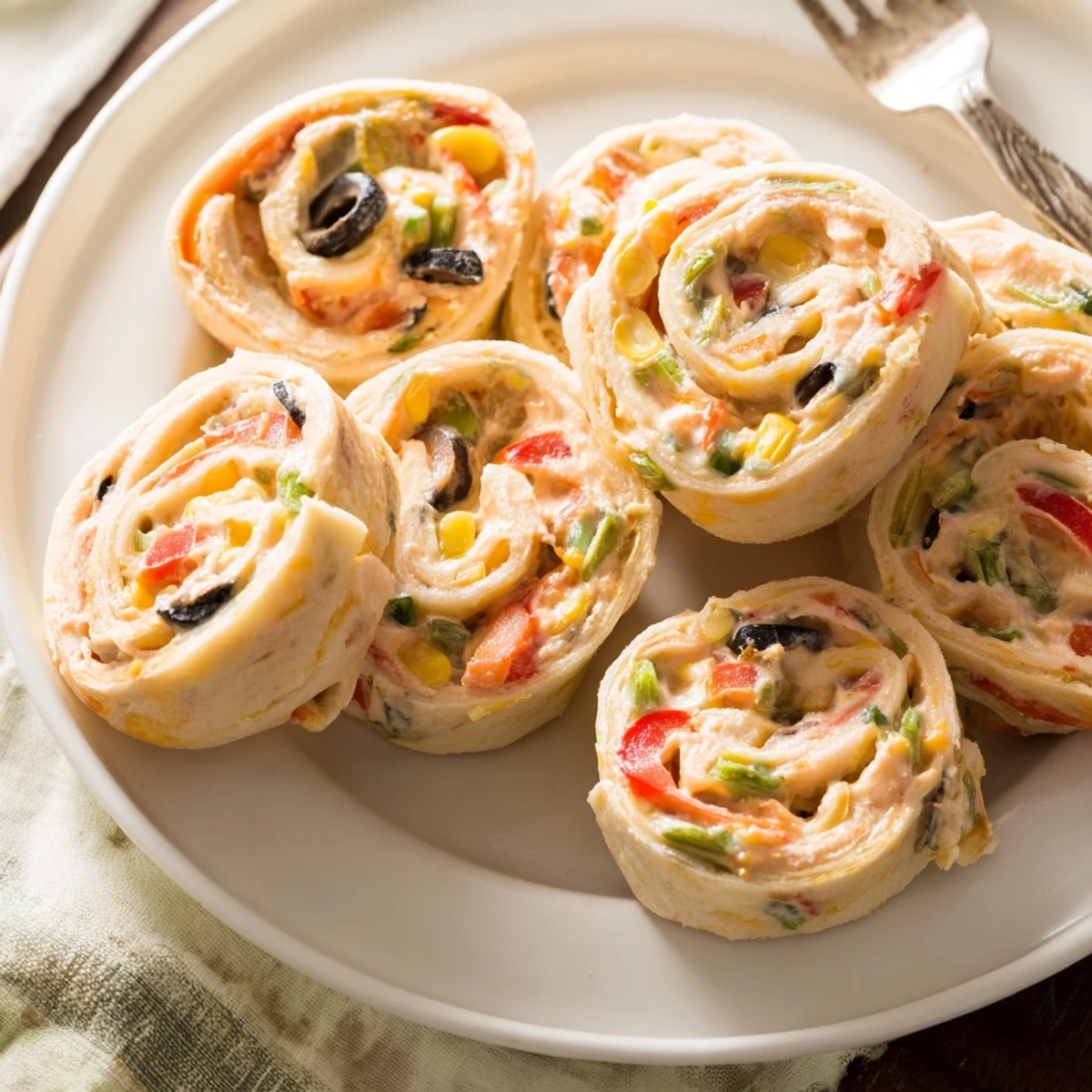 Creamy taco cheese pinwheels sliced into rounds revealing colorful vegetable filling throughout