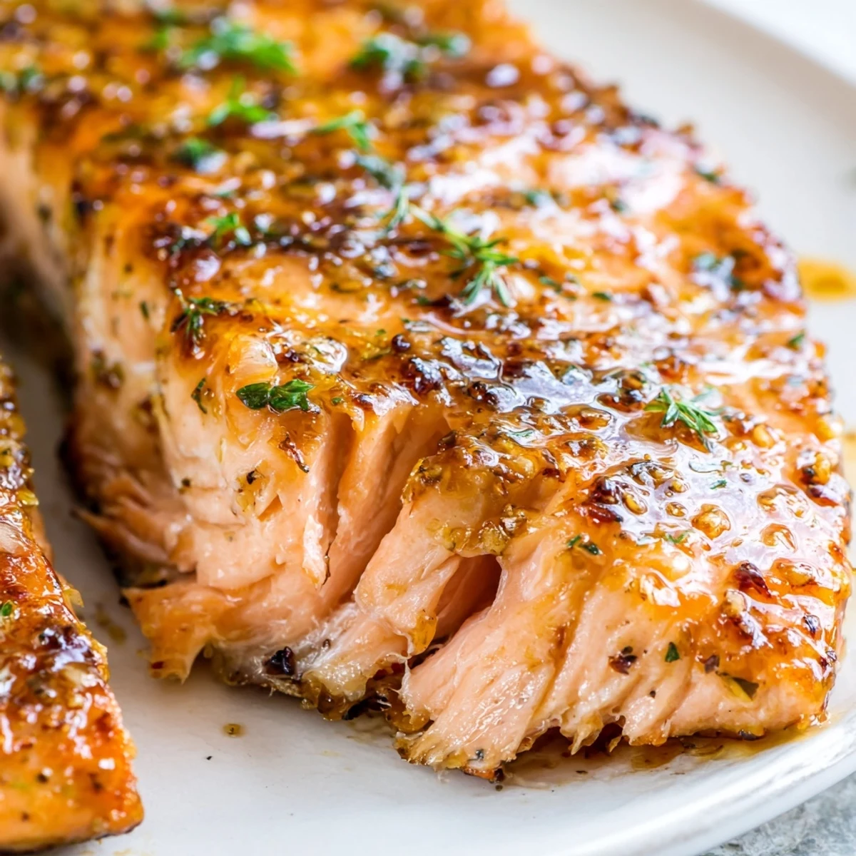 Golden brown Texas Roadhouse style baked salmon with buttery lemon-pepper glaze and fresh parsley garnish on a white plate