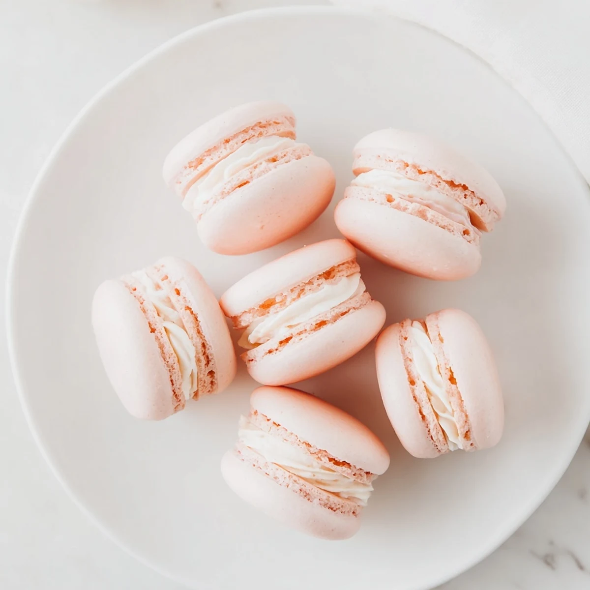 Golden French macarons with smooth domed shells and ruffled feet sandwiching buttercream filling