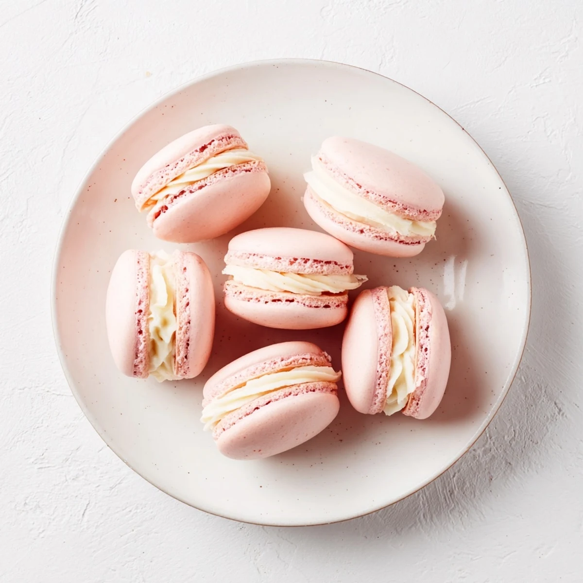 Colorful almond French macarons arranged on a white plate with buttercream peeking between shells
