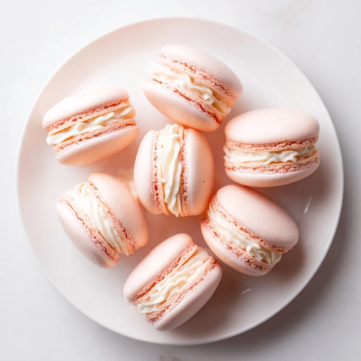 Crisp chewy French macarons filled with vanilla buttercream displayed on a baking sheet with parchment