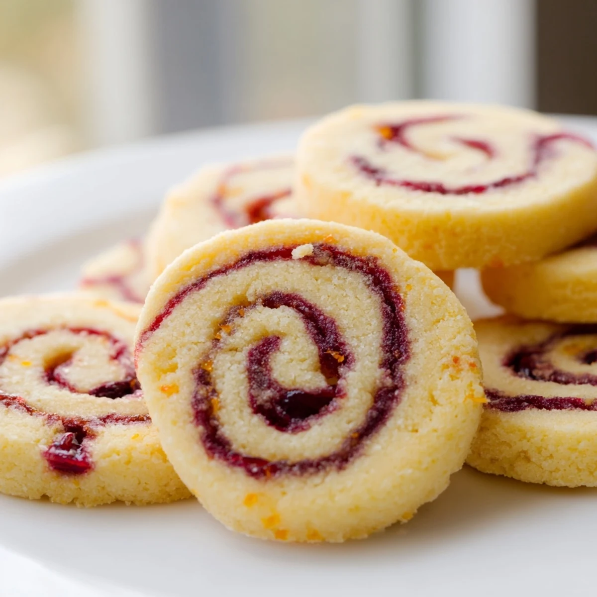 Golden Orange Cranberry Pinwheel Cookies arranged on a white serving plate with visible red swirls