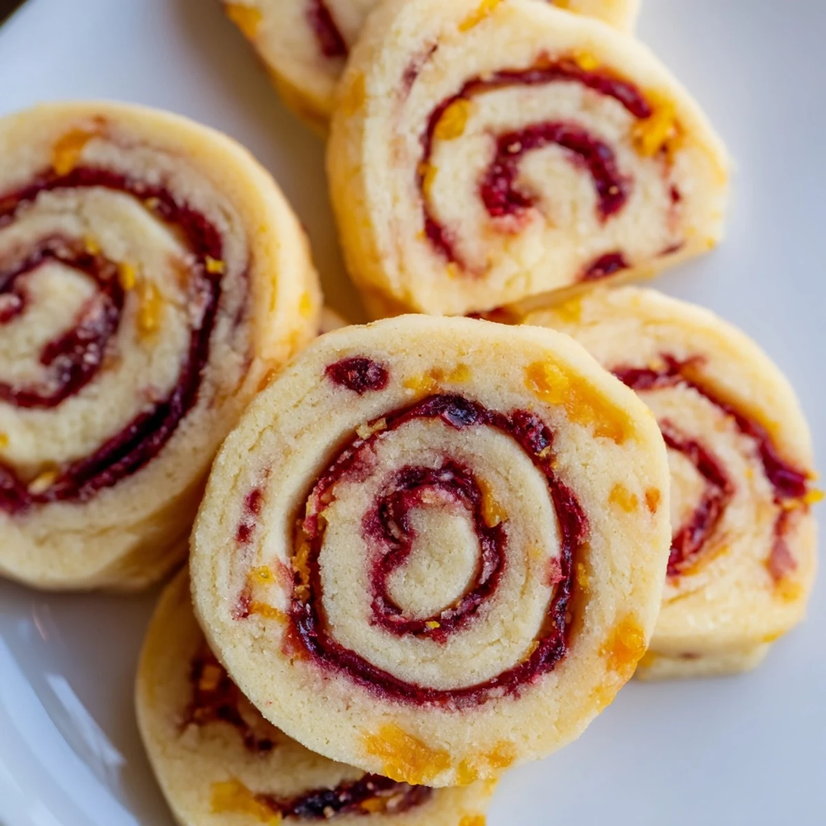 Freshly baked Orange Cranberry Pinwheel Cookies showing spiraled cranberry-orange filling and lightly golden edges