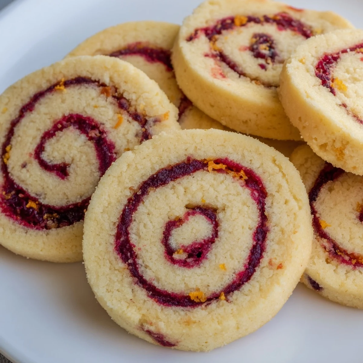 Stack of Orange Cranberry Pinwheel Cookies with vibrant red berry swirl patterns on a wooden board