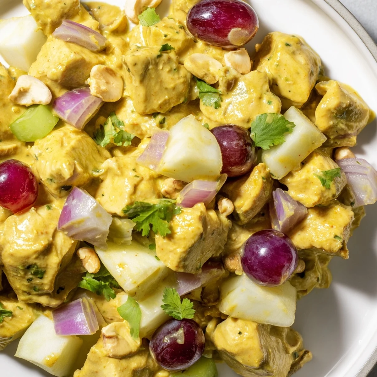 Golden curry chicken salad with diced chicken, crisp apples, grapes, and creamy turmeric dressing