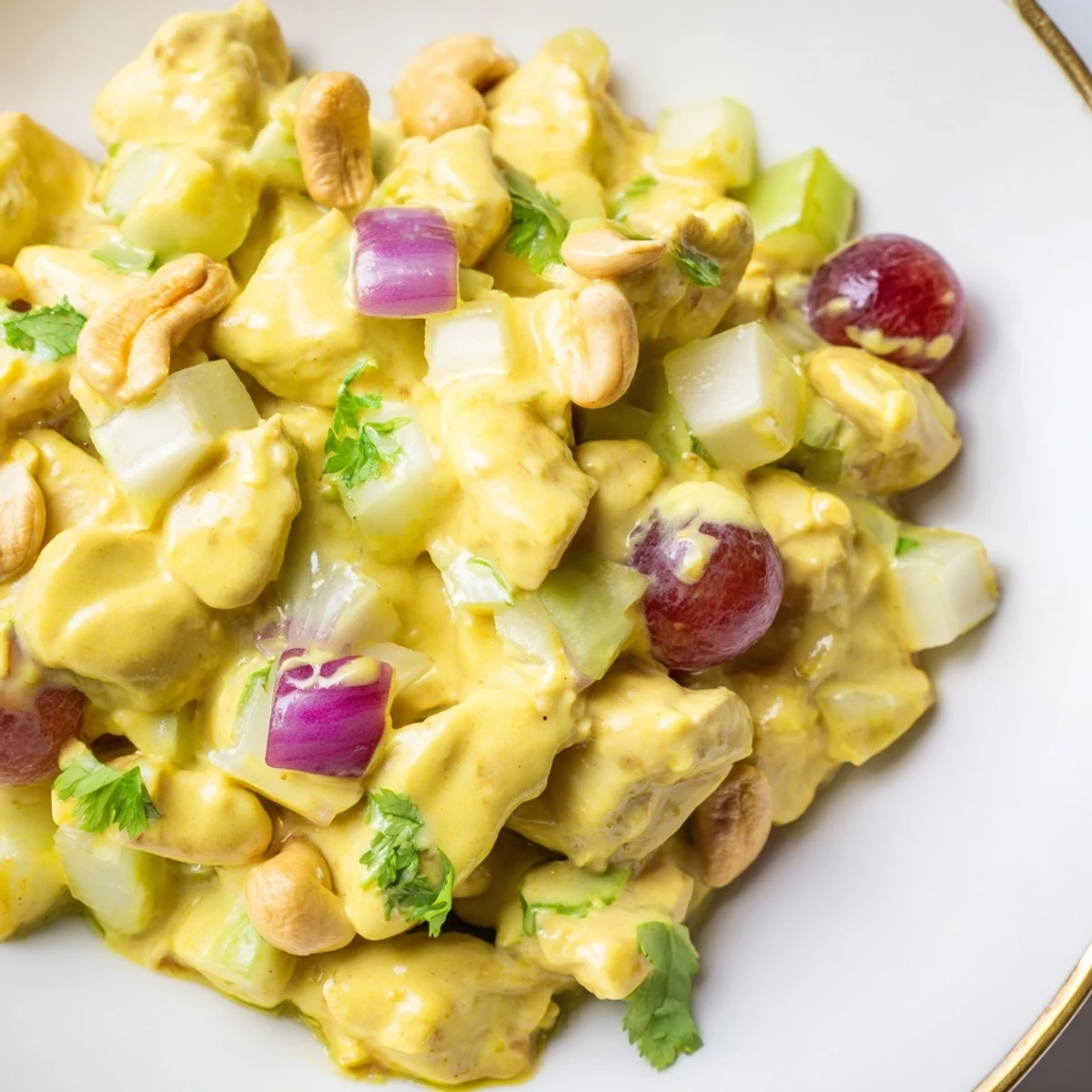 Creamy curry chicken salad plated with fresh cilantro, halved grapes, and crunchy cashew toppings