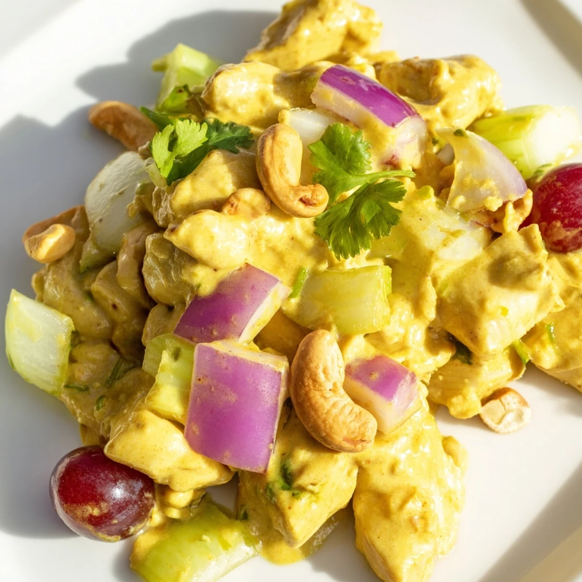 Vibrant chicken salad bowl featuring tender curry-spiced chicken with red onion, celery, and toasted nuts