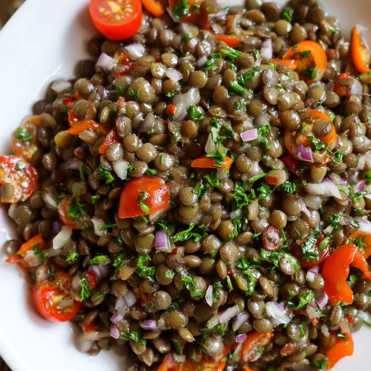 Vibrant French lentil salad bowl topped with colorful vegetables and fresh parsley
