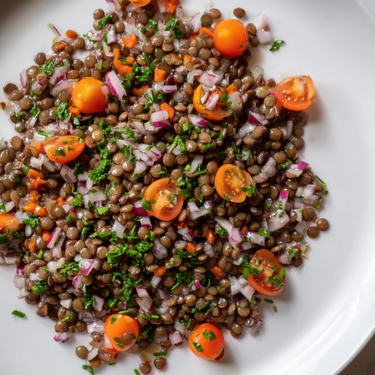 Rustic bowl featuring French lentil salad with cherry tomatoes and chopped herbs