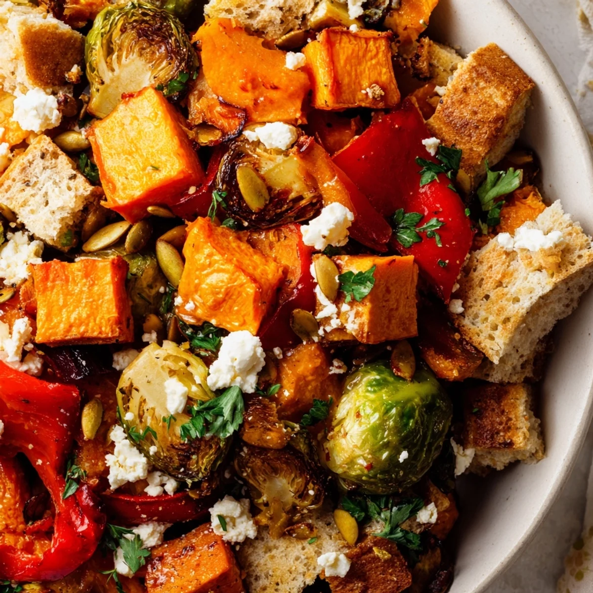 Golden roasted fall vegetables tossed with crispy bread cubes in a rustic wooden bowl