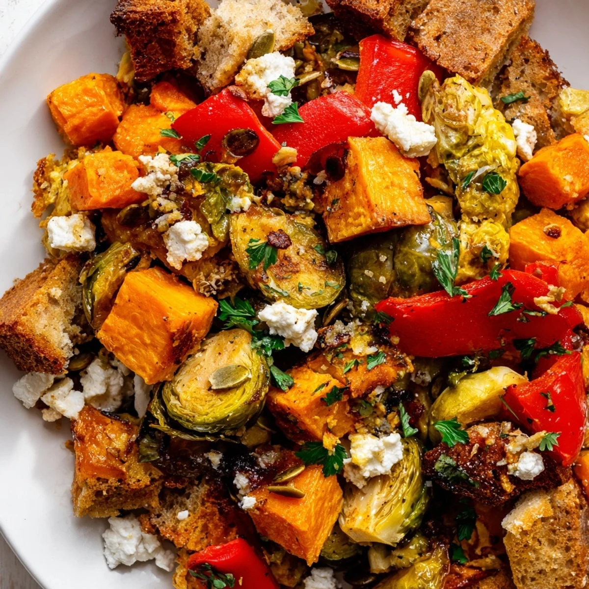 Colorful autumn vegetable panzanella salad with toasted sourdough and tangy vinaigrette dressing