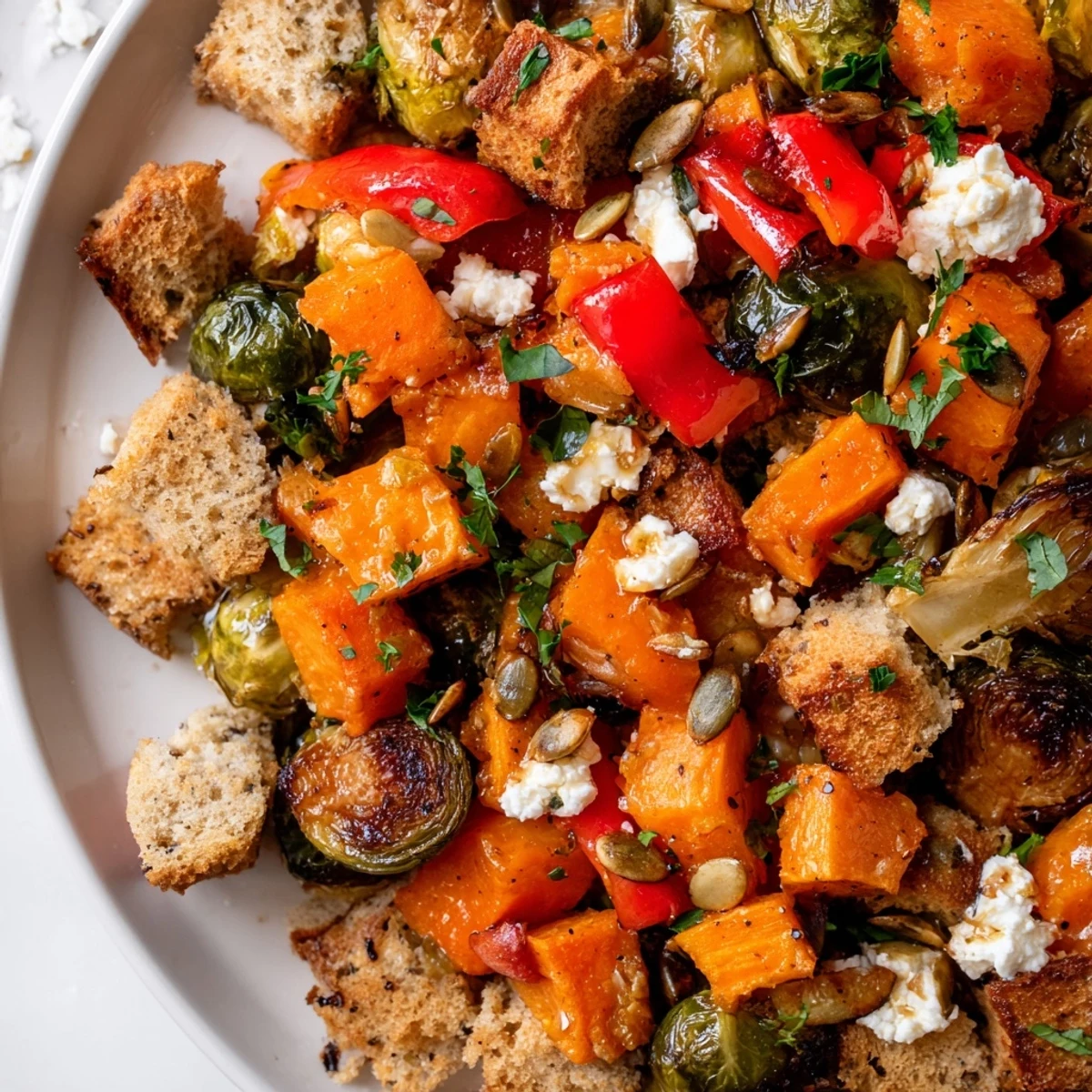 Hearty roasted vegetable panzanella topped with fresh parsley and pumpkin seeds on white platter