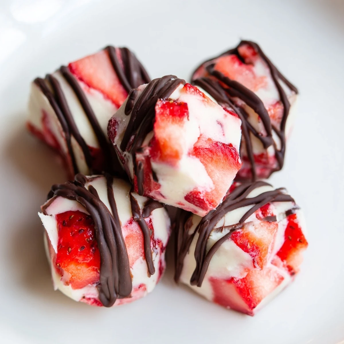 Creamy frozen Greek yogurt protein bites topped with melted dark chocolate drizzle