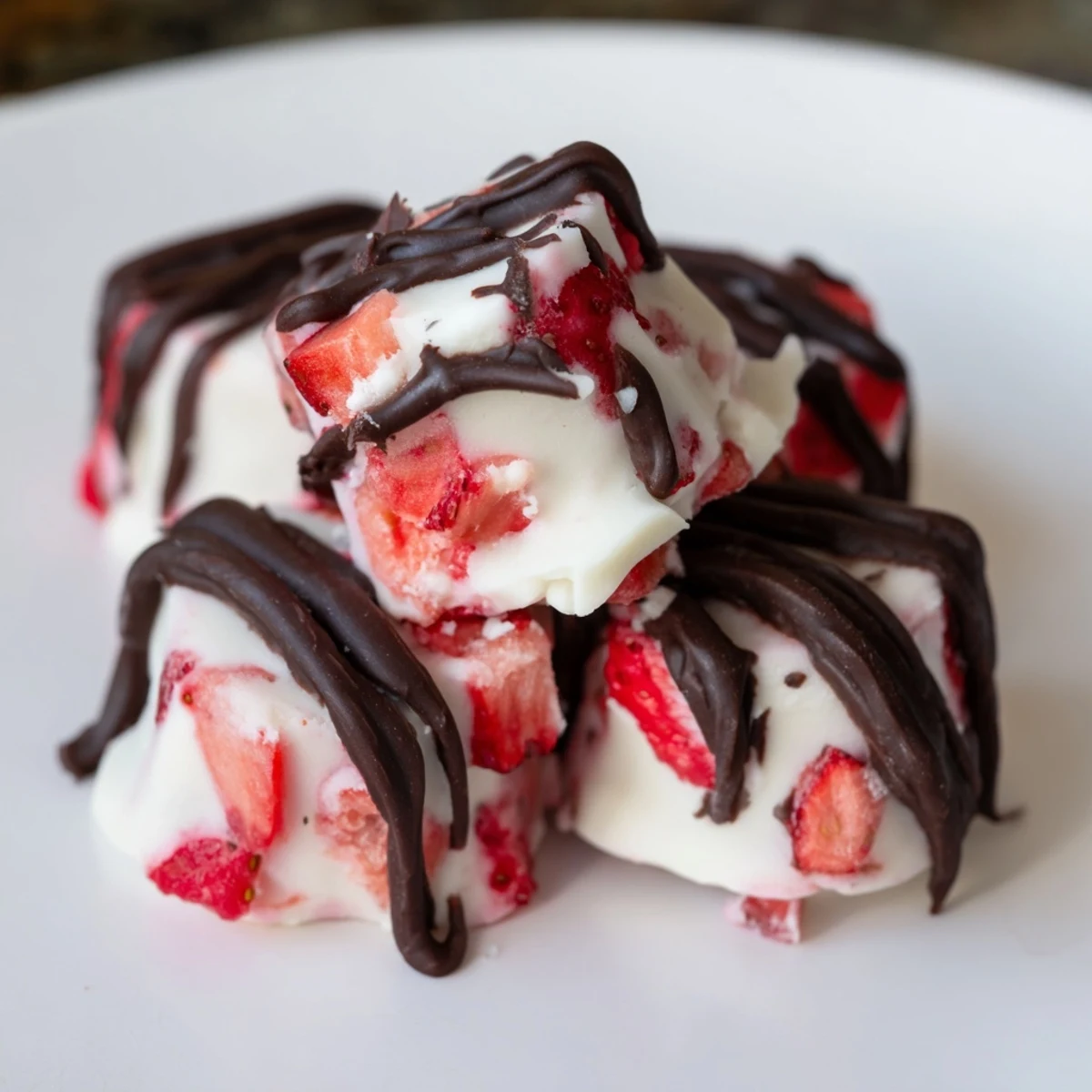 Fresh strawberry yogurt bites studded with diced fruit on a parchment lined baking sheet