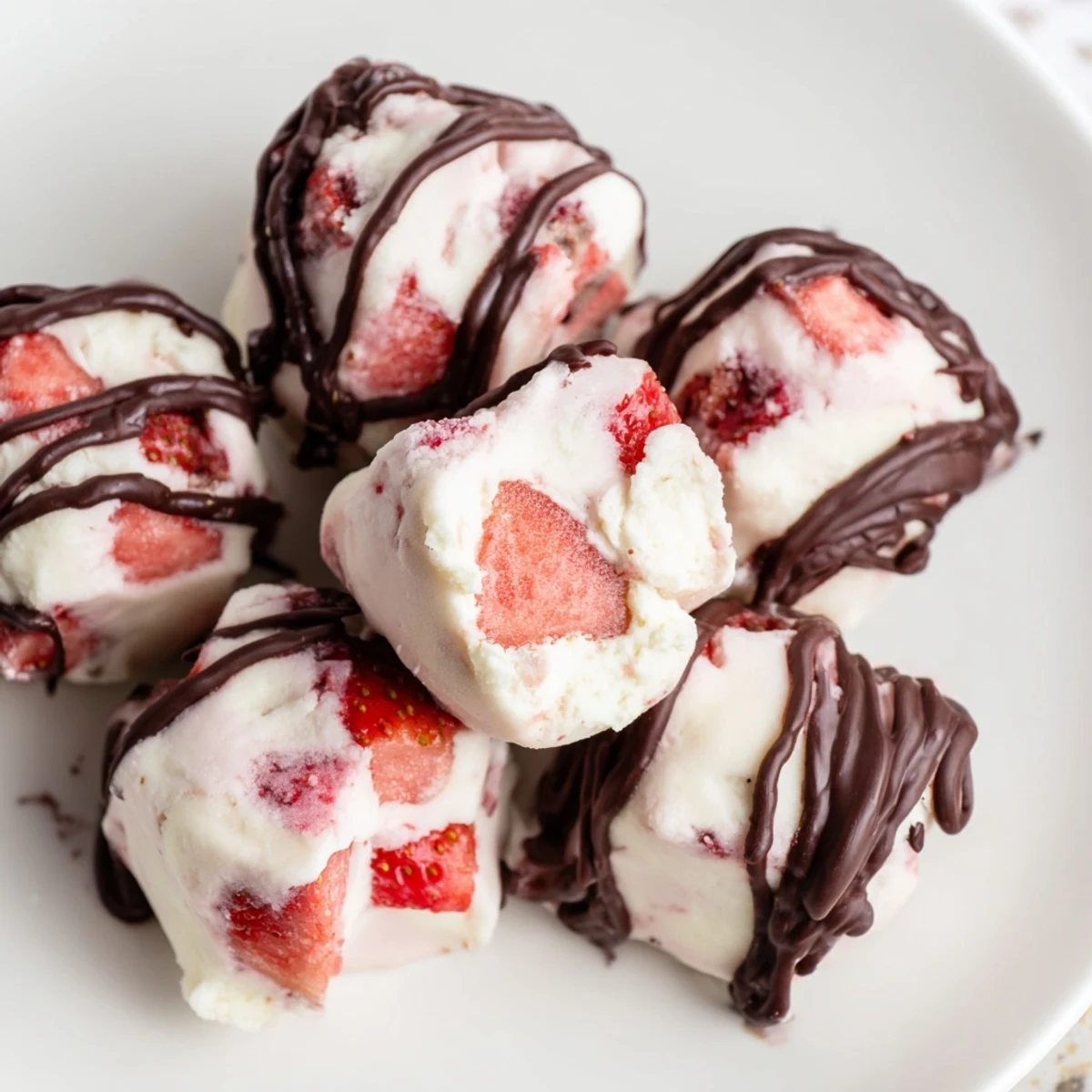 Healthy high protein strawberry yogurt bites arranged on a white serving platter