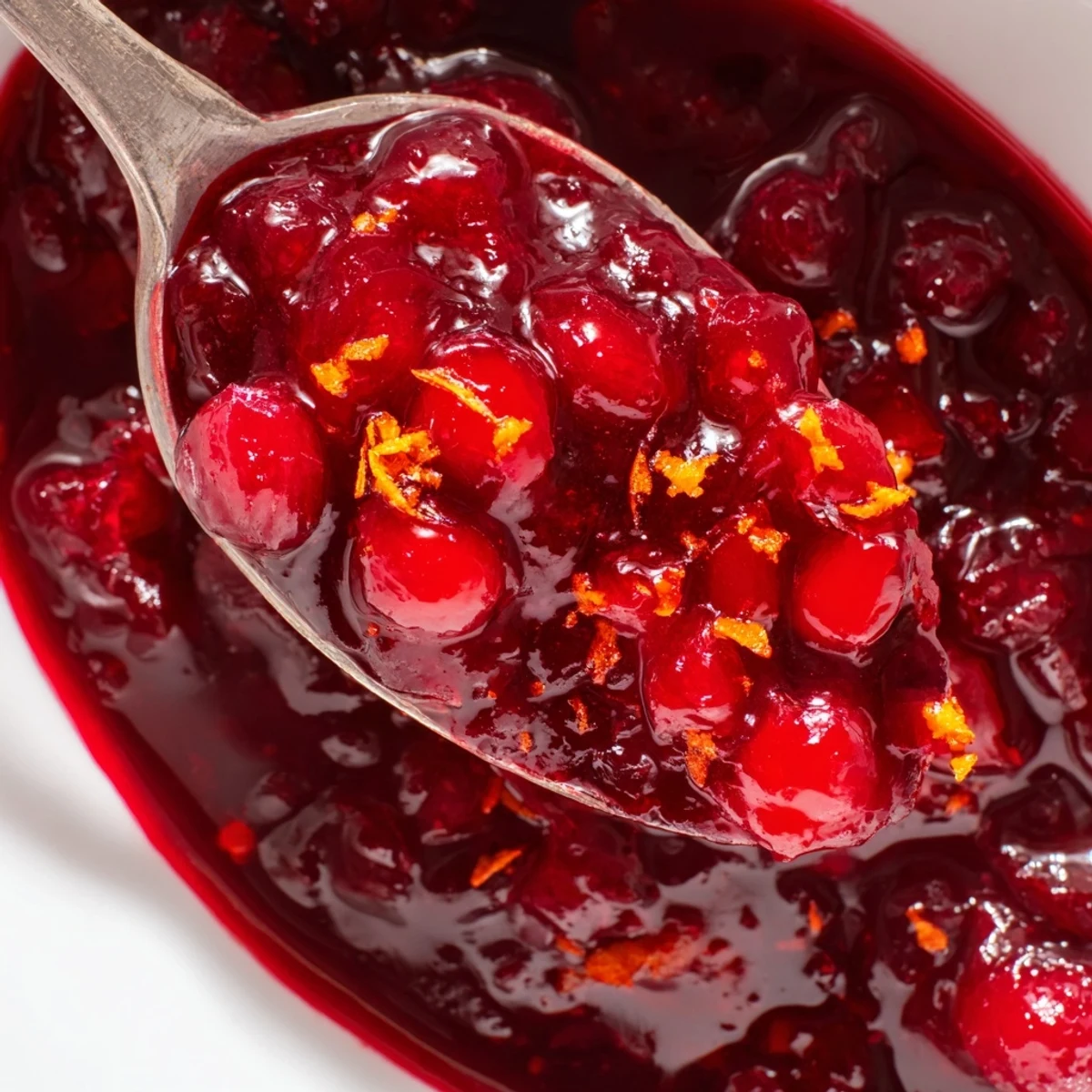 Glossy ruby-red homemade cranberry sauce with whole burst berries in a white serving bowl