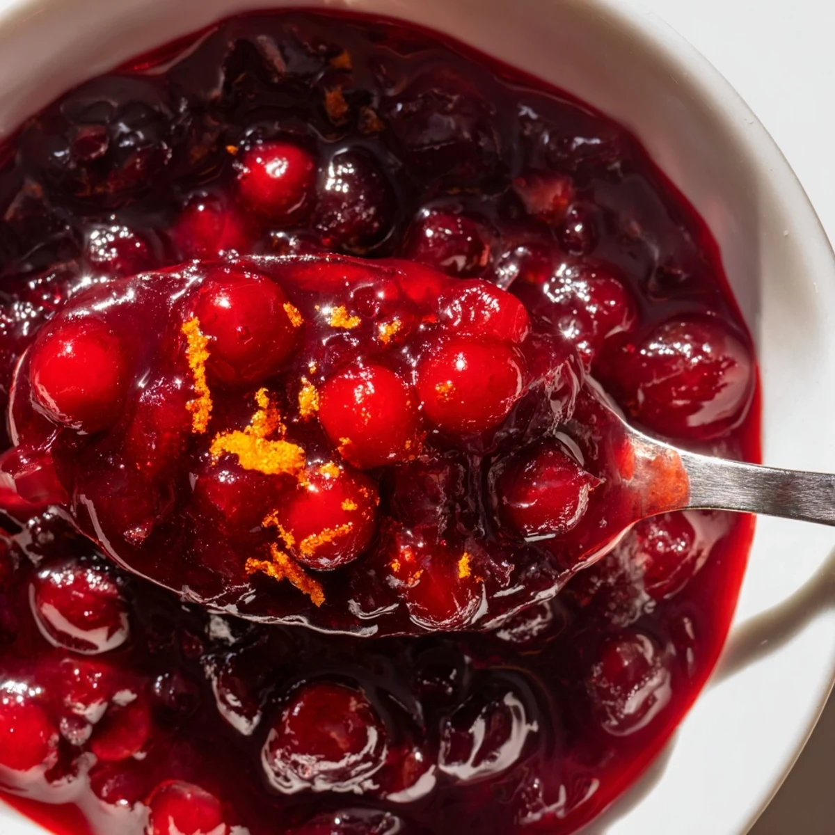 Tangy sweet homemade cranberry sauce topped with fresh orange zest and cinnamon stick garnish