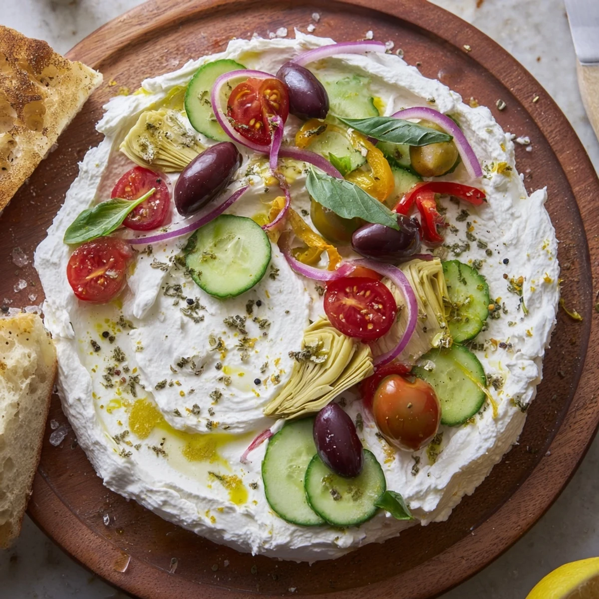 Creamy Mediterranean ricotta board topped with colorful vegetables olives and fresh herbs served with toasted crostini