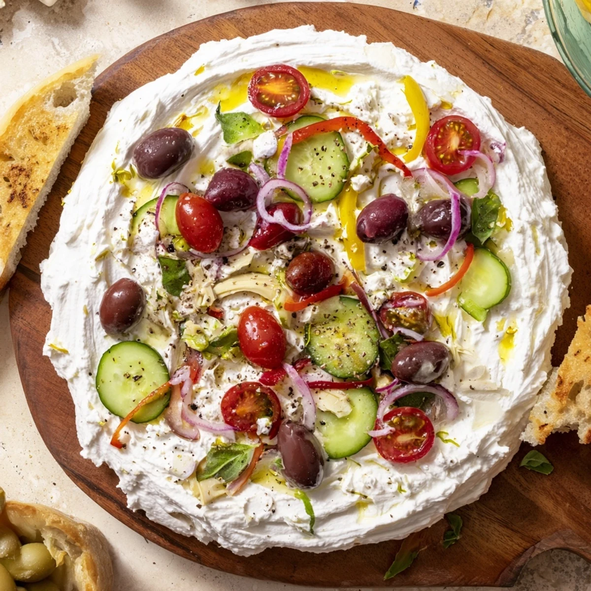 Vibrant appetizer platter featuring whipped ricotta cherry tomatoes roasted peppers and artichoke hearts on a wooden board