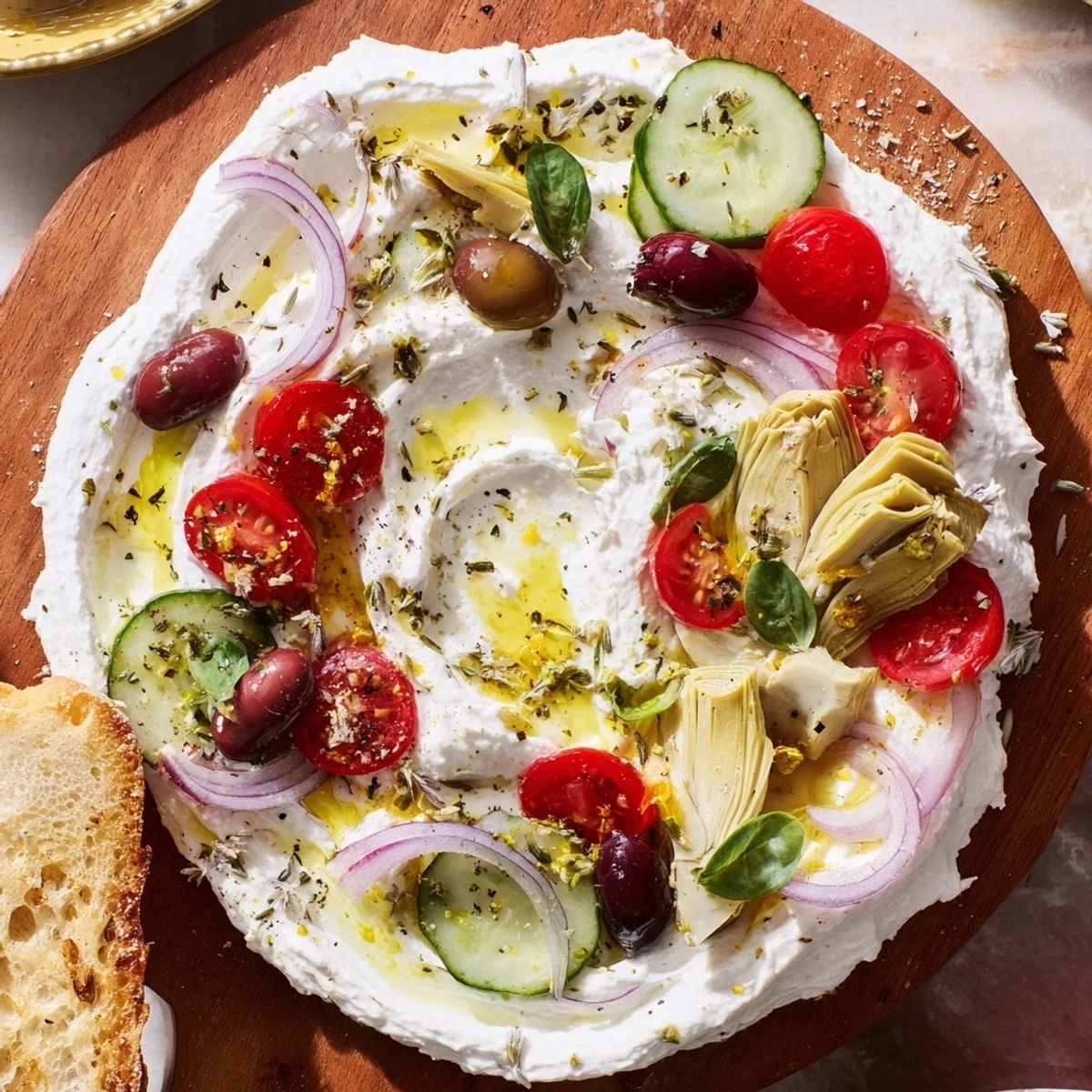 Shareable Mediterranean ricotta cheese board drizzled with olive oil and arranged with fresh basil lemon zest and crisp baguette slices