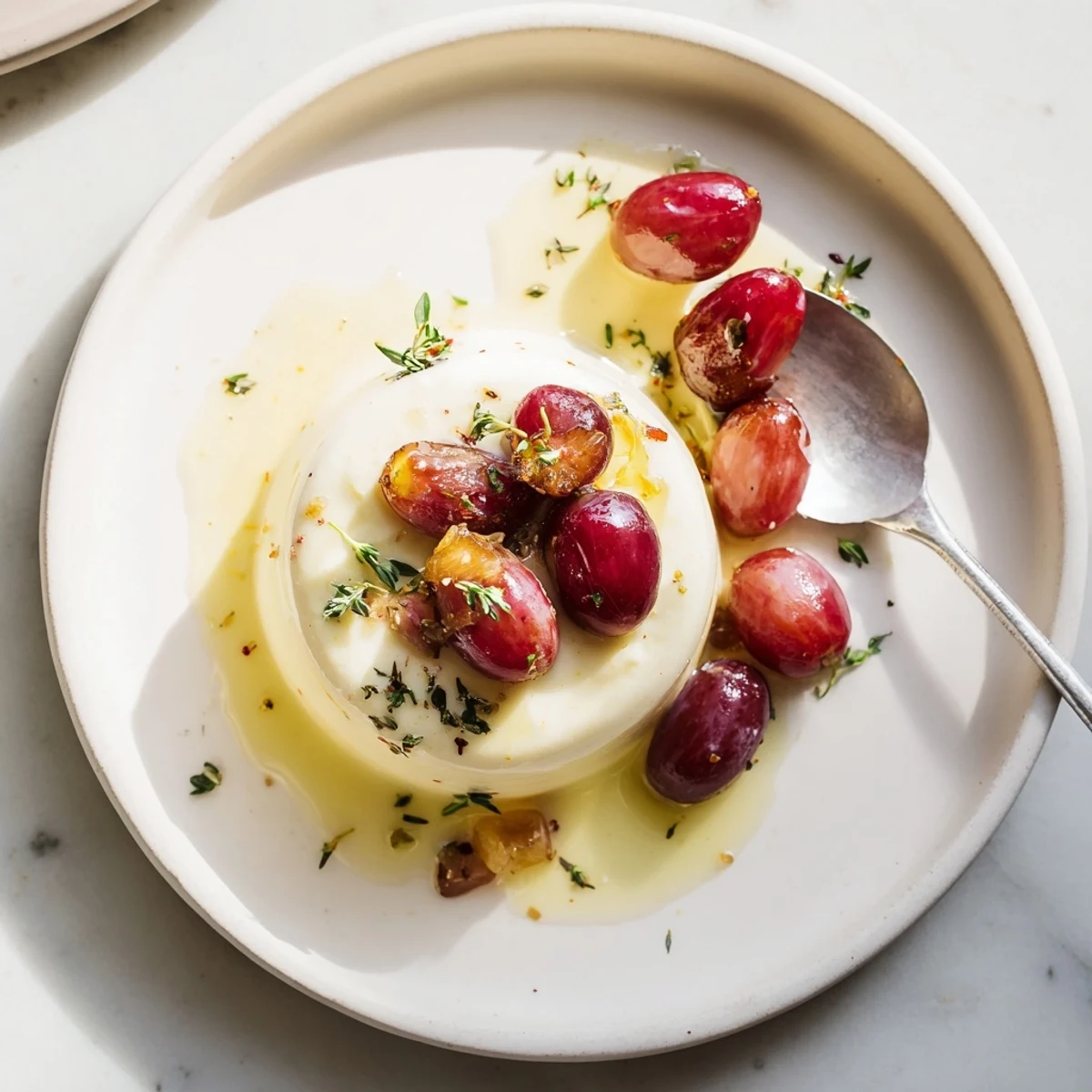 Creamy citrus panna cotta garnished with caramelized roasted grapes and fresh grape halves