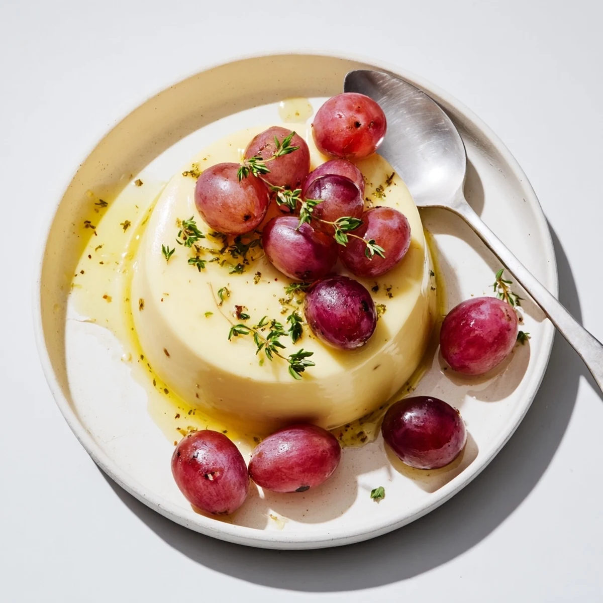 Silky lemon panna cotta topped with roasted and fresh grapes for a elegant dessert presentation