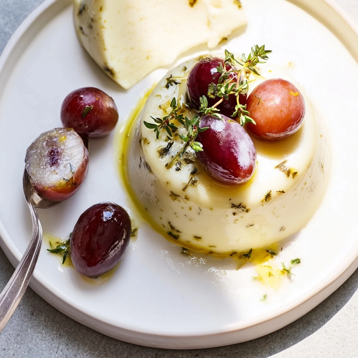 Golden lemon panna cotta dessert drizzled with roasted grape juices and scattered fresh grapes